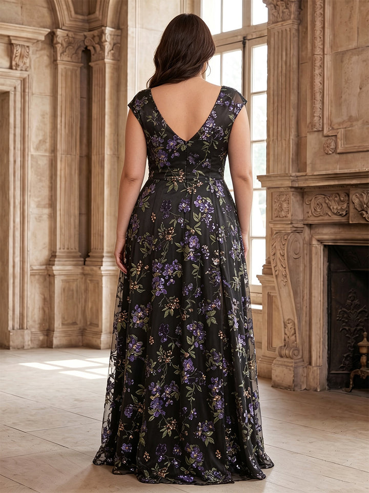 A-Line/Princess V-Neck Sequins Plus Size Mother of the Bride Dresses Floor-Length Short Sleeves Floral