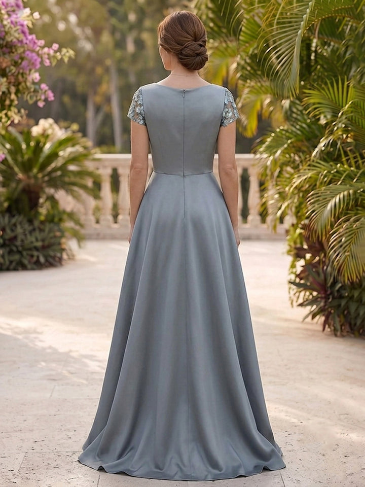 A-Line/Princess Cowl Neck Satin Mother of the Bride Dresses with Overskirt Sequins Floral Short Sleeves Floor-Length