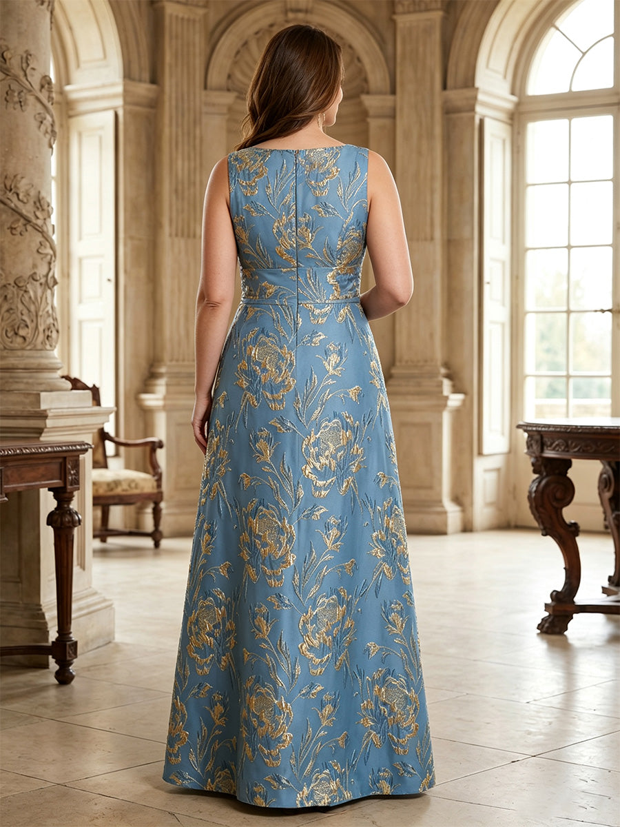 A-Line/Princess Scoop Jacquard Plus Size Mother of the Bride Dresses Floor-Length Sleeveless Floral