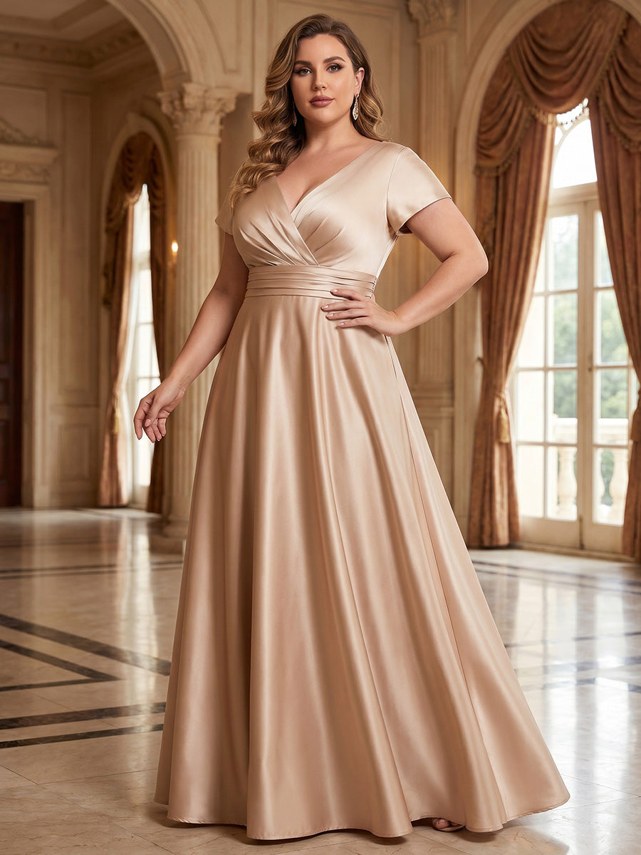A-Line/Princess Silk Satin V-Neck Plus Size Mother of the Bride Dresses Short Sleeves Floor-Length