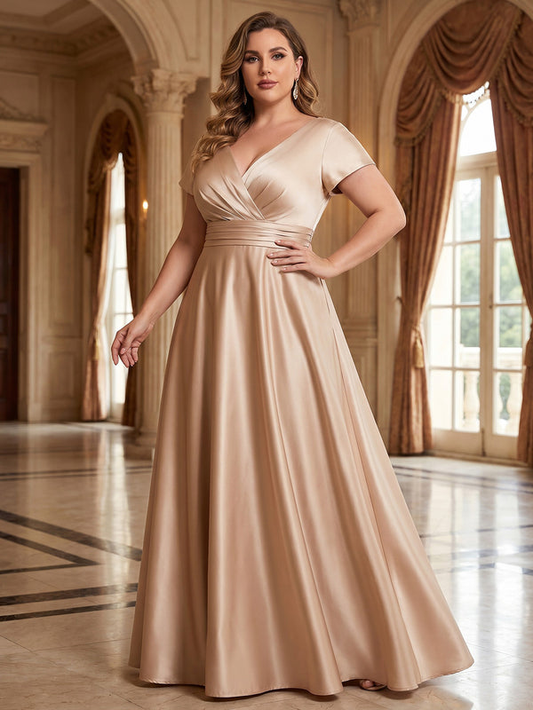 A-Line/Princess Silk Satin V-Neck Plus Size Mother of the Bride Dresses Short Sleeves Floor-Length