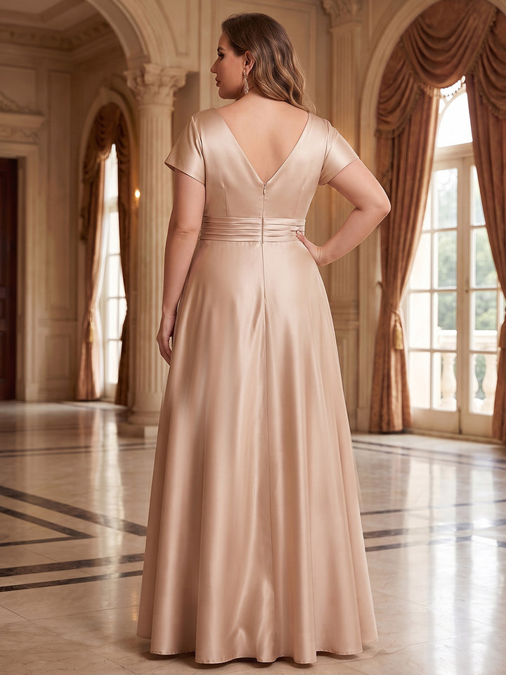 A-Line/Princess Silk Satin V-Neck Plus Size Mother of the Bride Dresses Short Sleeves Floor-Length