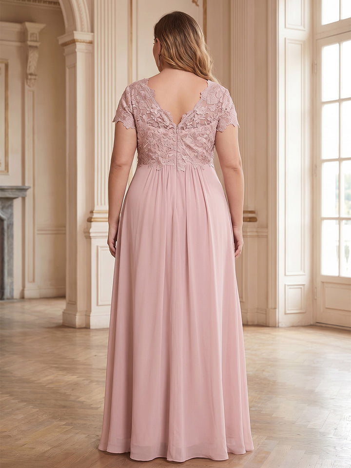 A-Line/Princess V-Neck Plus Size Mother of the Bride Dresses Floor-Length Short Sleeves Chiffon
