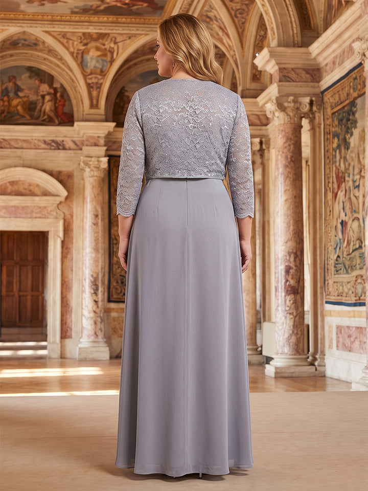 Chiffon 2 Pieces Plus Size Mother of the Bride A-Line/Princess Scoop Floor-Length 3/4 Sleeves with Lace Jacket