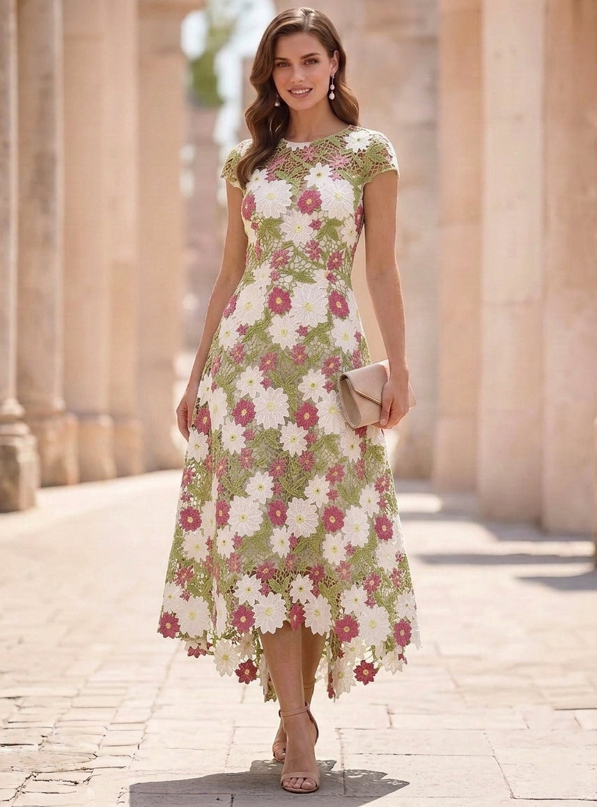 A-Line/Princess Scoop Lace Mother of the Bride Dresses Floral High-Low Tea-Length Short Sleeves
