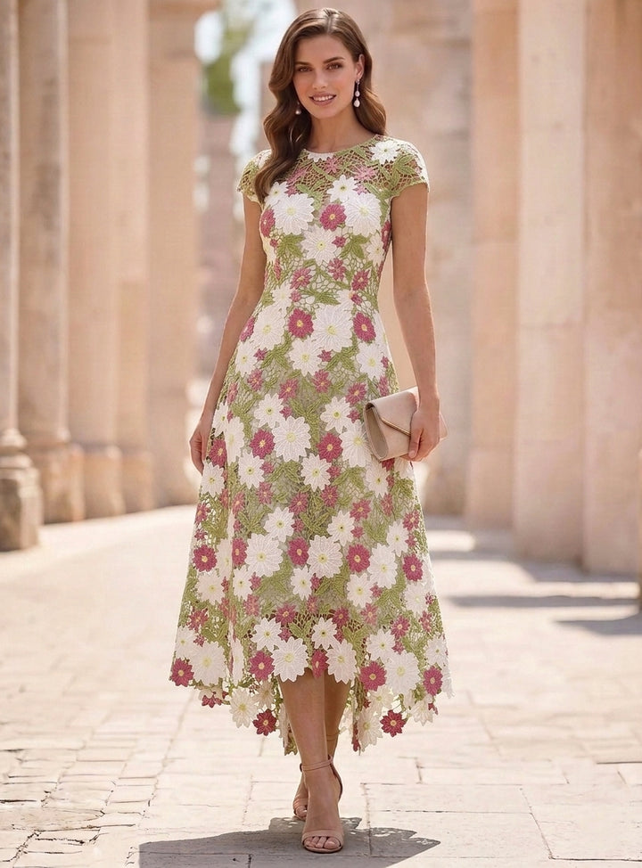 A-Line/Princess Scoop Lace Mother of the Bride Dresses Floral High-Low Tea-Length Short Sleeves