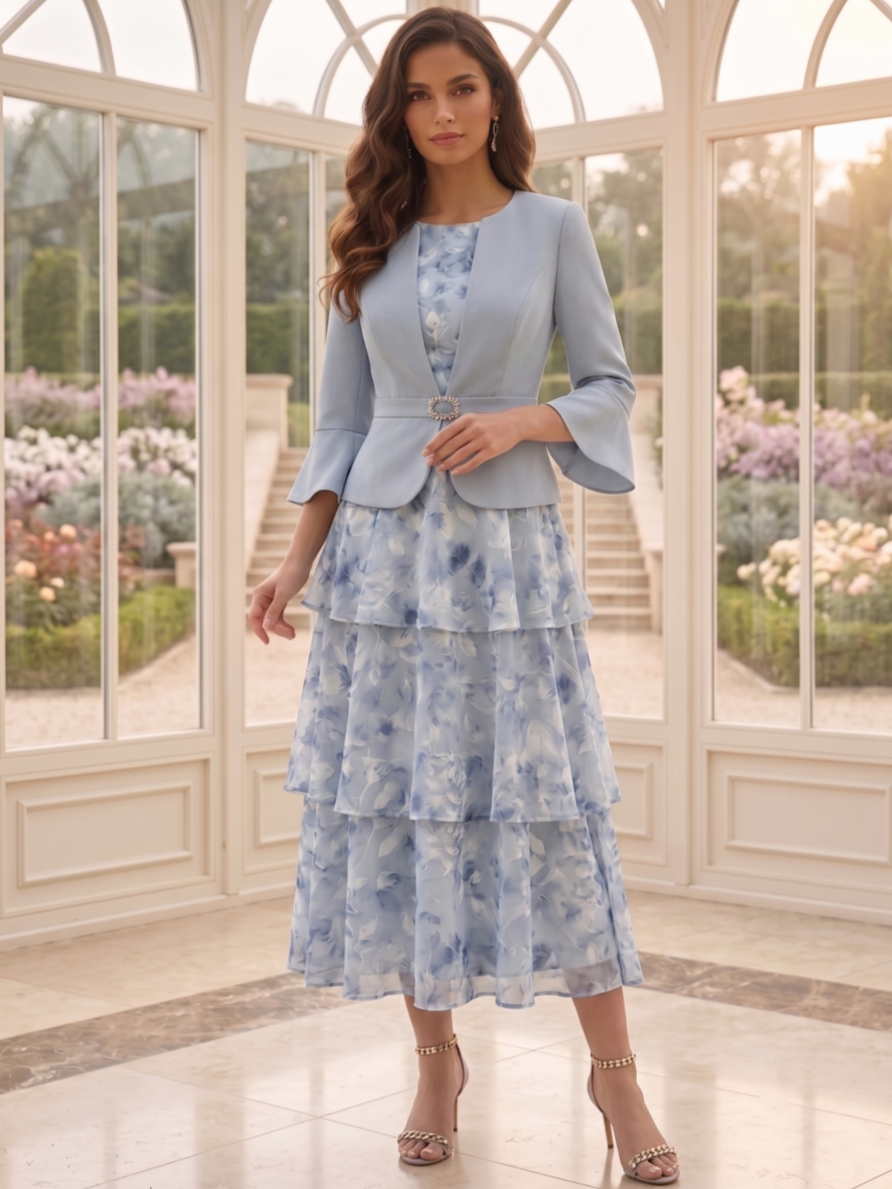 blue floral mother of the bride dress Zapaka Women Dusty with Flared Sleeves Sheath Ruched Wedding Guest Dress, Dusty Blue / US18W line silhouette as it falls to a maxi hem Pleated Floral Printed V-Neck A-Line/Princess