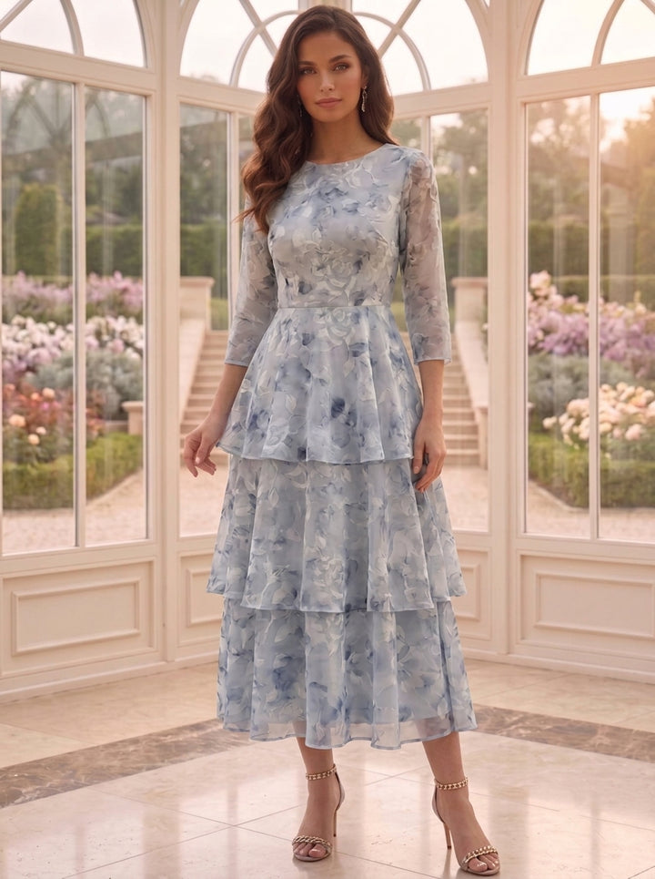 A-Line/Princess Scoop Chiffon Floral Mother of the Bride Dresses with Jacket Tea-Length 3/4 Sleeves Ruffles