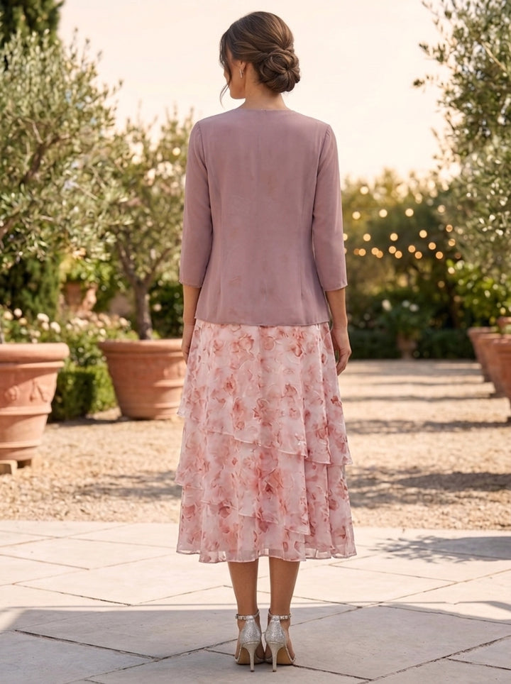 A-Line/Princess Chiffon Scoop Floral Mother of the Bride Dresses with Jacket Ruched Tea-Length 3/4 Sleeves Ruffles