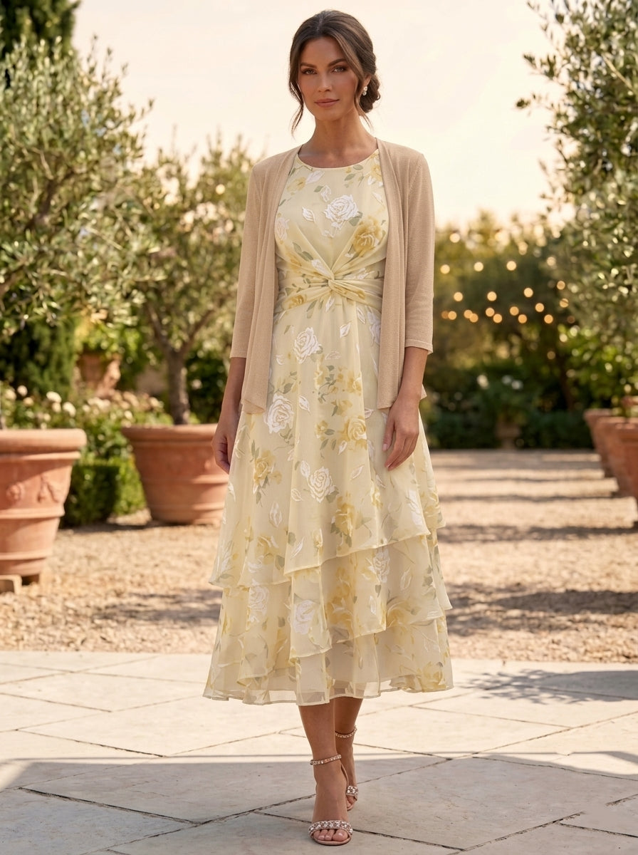 A-Line/Princess Chiffon Scoop Floral Mother of the Bride Dresses with Jacket Ruched Tea-Length 3/4 Sleeves Ruffles