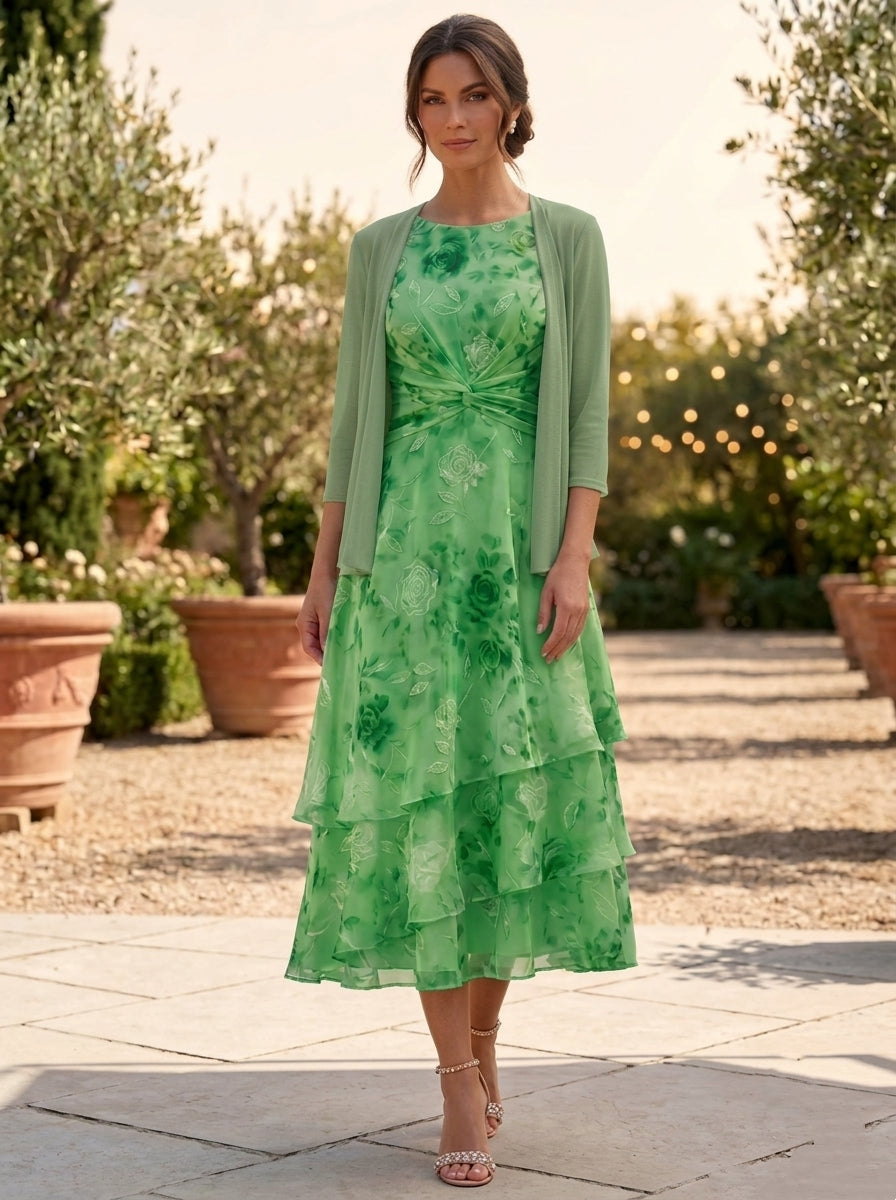 A-Line/Princess Chiffon Scoop Floral Mother of the Bride Dresses with Jacket Ruched Tea-Length 3/4 Sleeves Ruffles