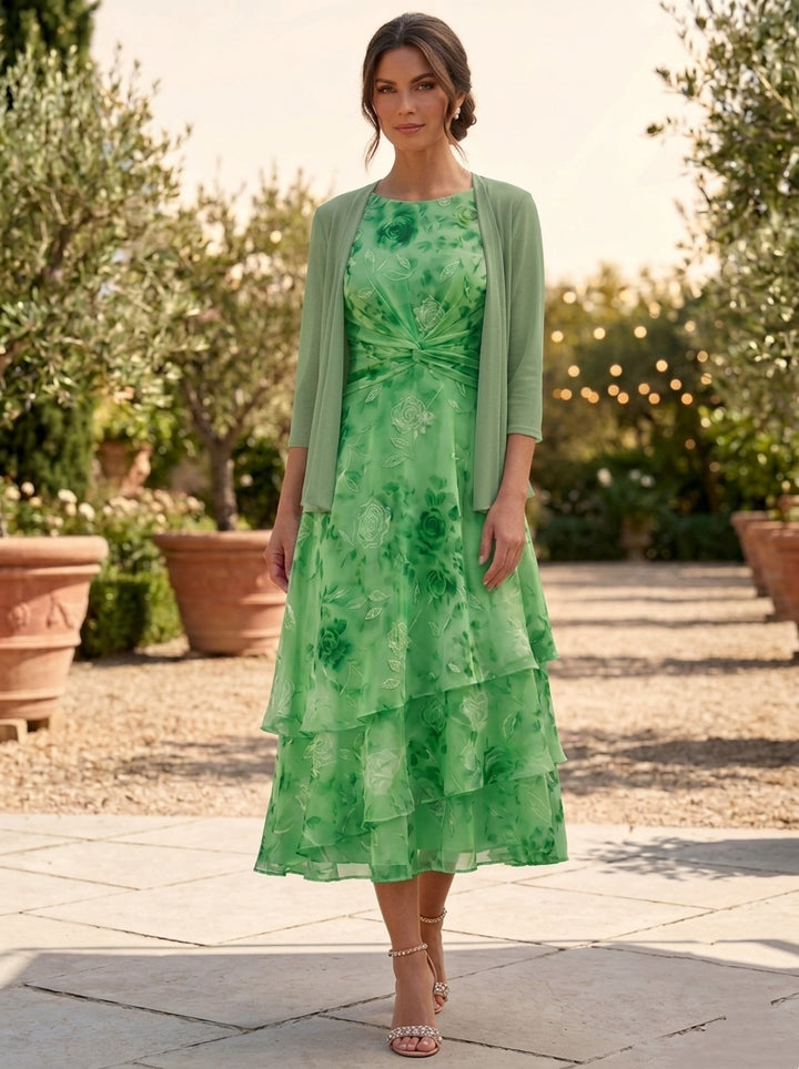 A-Line/Princess Chiffon Scoop Floral Mother of the Bride Dresses with Jacket Ruched Tea-Length 3/4 Sleeves Ruffles