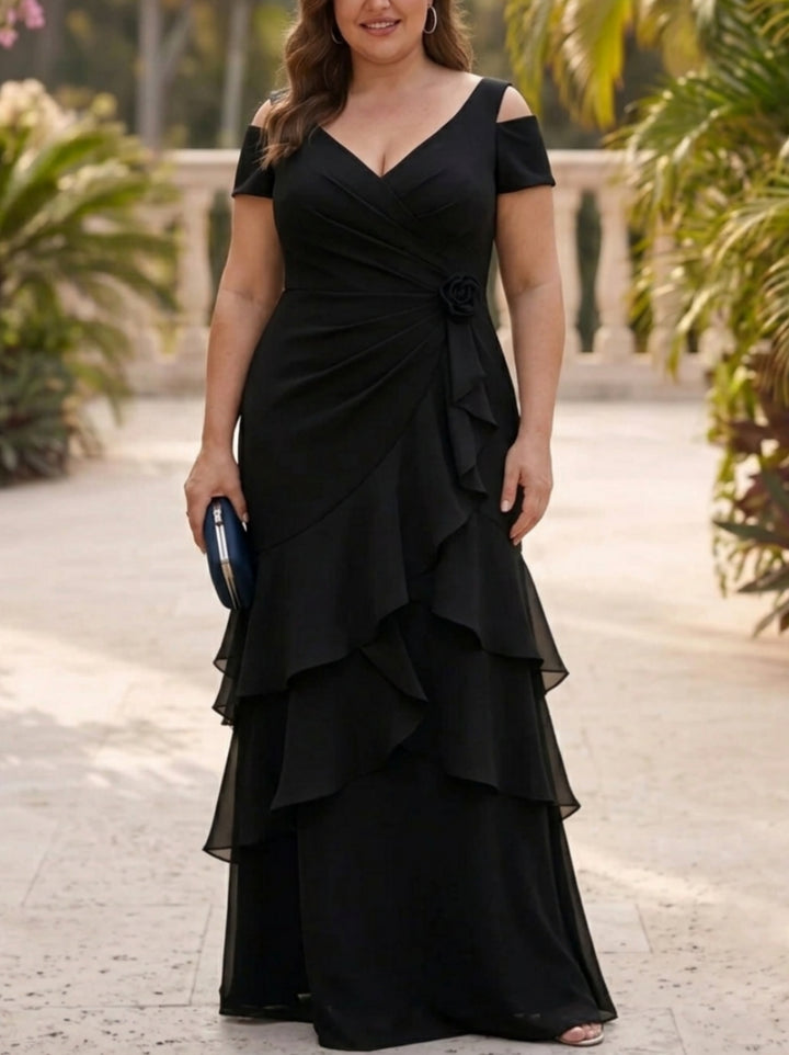 A-Line/Princess V-Neck Chiffon Plus Size Mother of the Bride Dresses with 3D Flower Floor-Length Ruffles Short Sleeves
