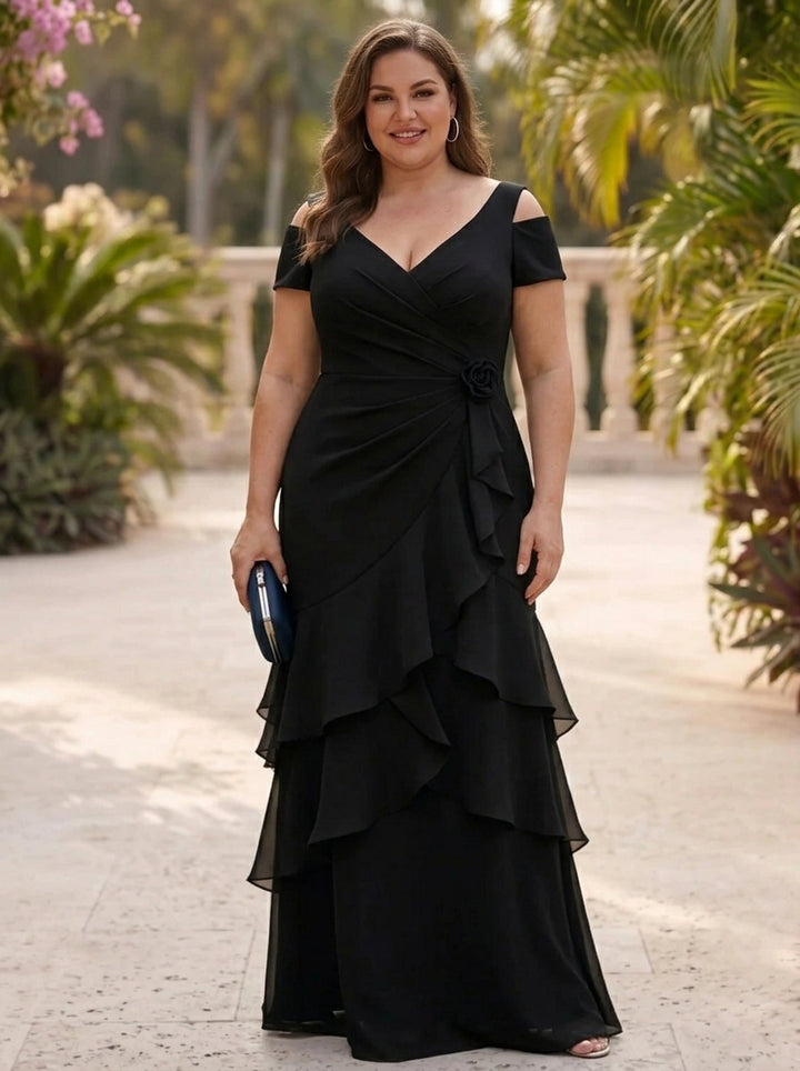A-Line/Princess V-Neck Chiffon Plus Size Mother of the Bride Dresses with 3D Flower Floor-Length Ruffles Short Sleeves