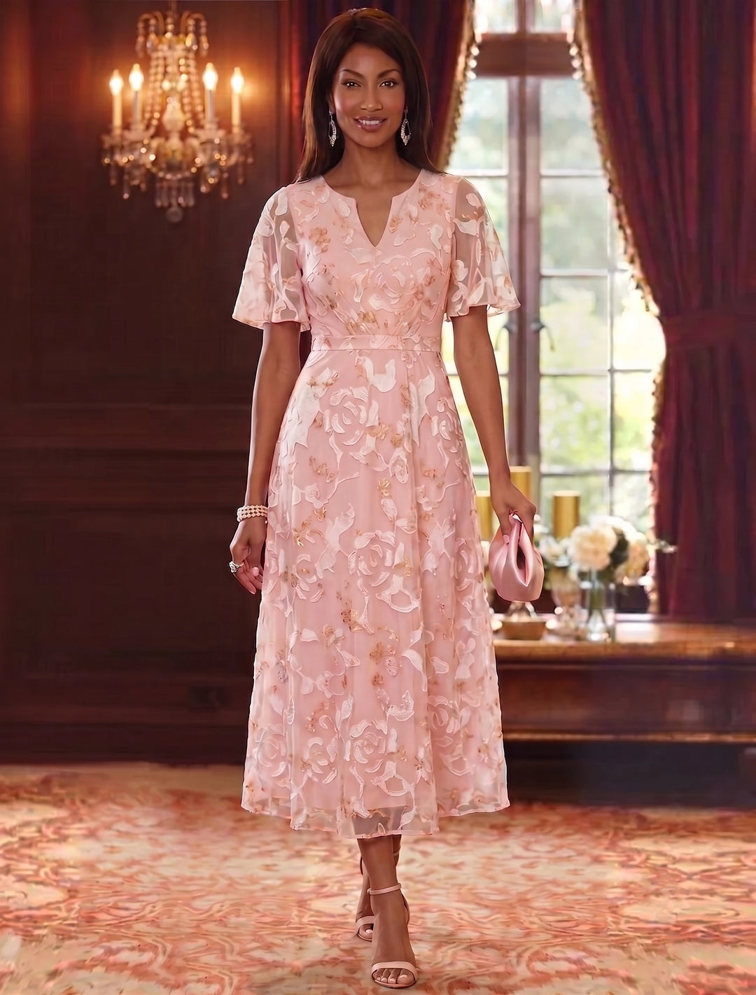 chiffon tea length straight neckline wedding dress Stacees 2026 Vintage Tea-Length A-Line Bridal Gown with half Lace Sleeves Vintage Tea-Length Chiffon Summer Wedding