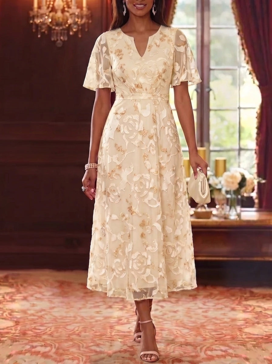 A-Line/Princess V-Neck Chiffon Mother of the Bride Dresses Floral Tea-Length Short Sleeves