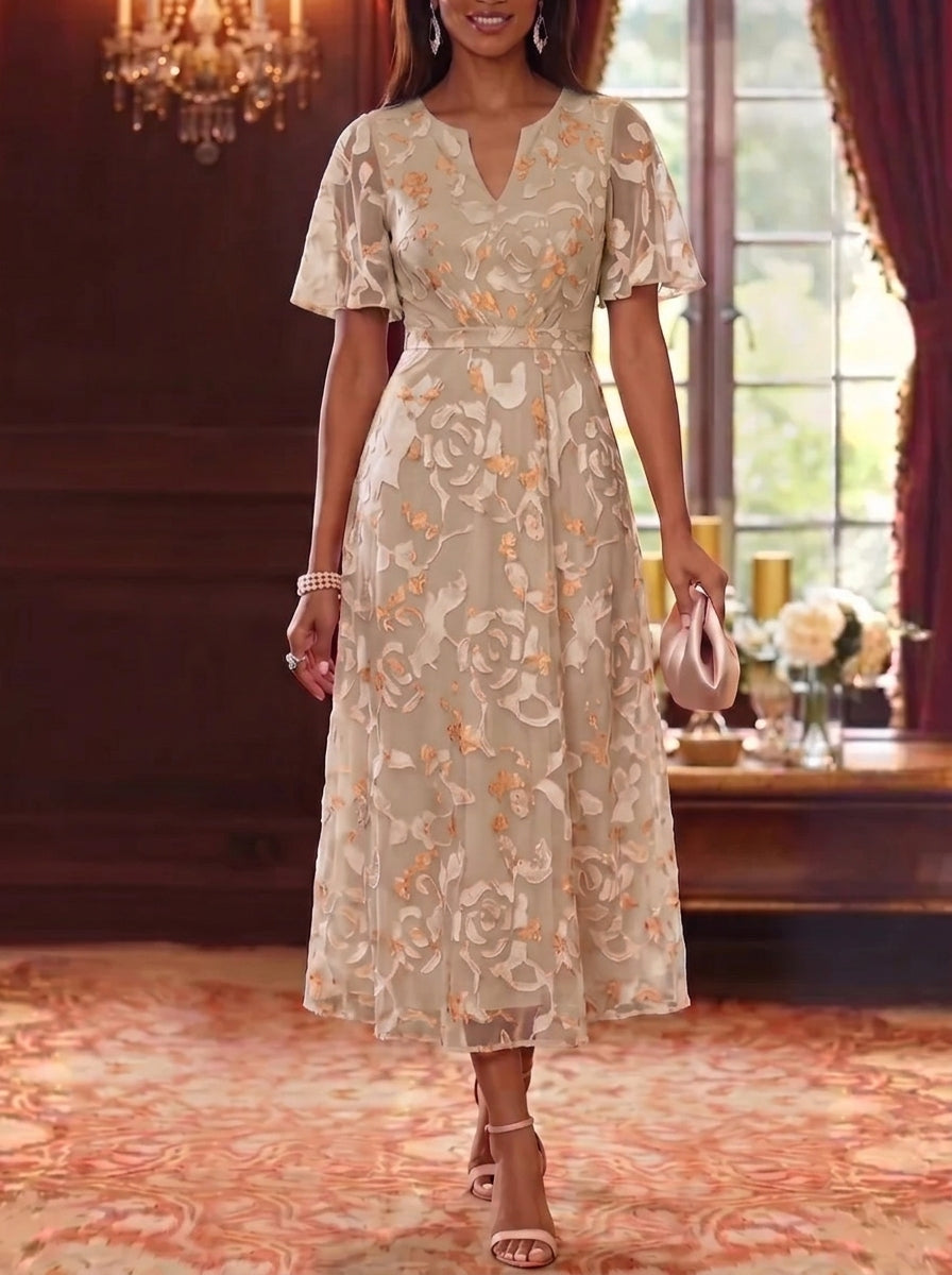 A-Line/Princess V-Neck Chiffon Mother of the Bride Dresses Floral Tea-Length Short Sleeves