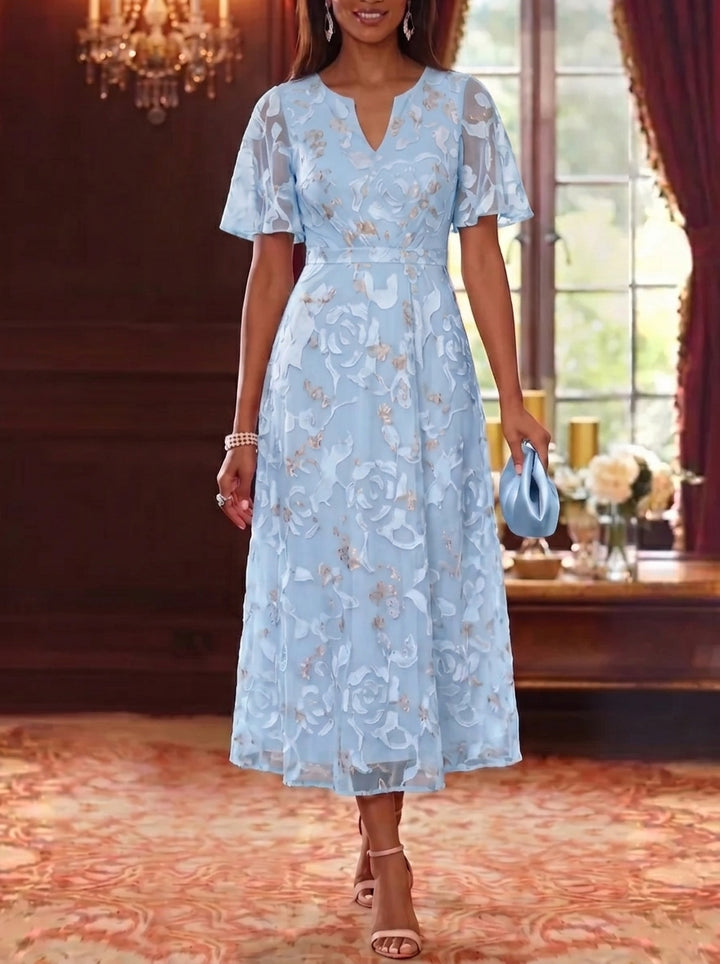 A-Line/Princess V-Neck Chiffon Mother of the Bride Dresses Floral Tea-Length Short Sleeves