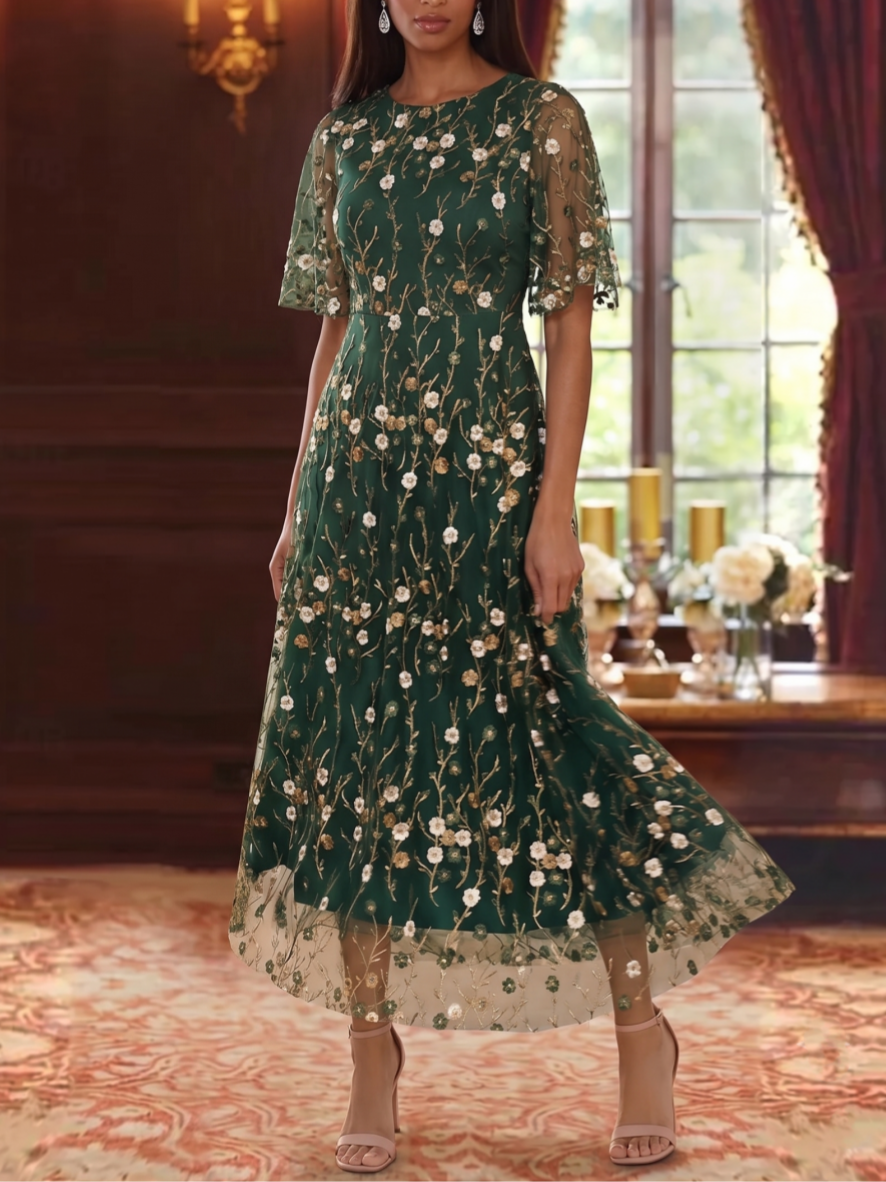 A-Line/Princess Scoop Lace Embroidery Mother of the Bride Dresses Floral Ankle-Length Short Sleeves, Dark Green