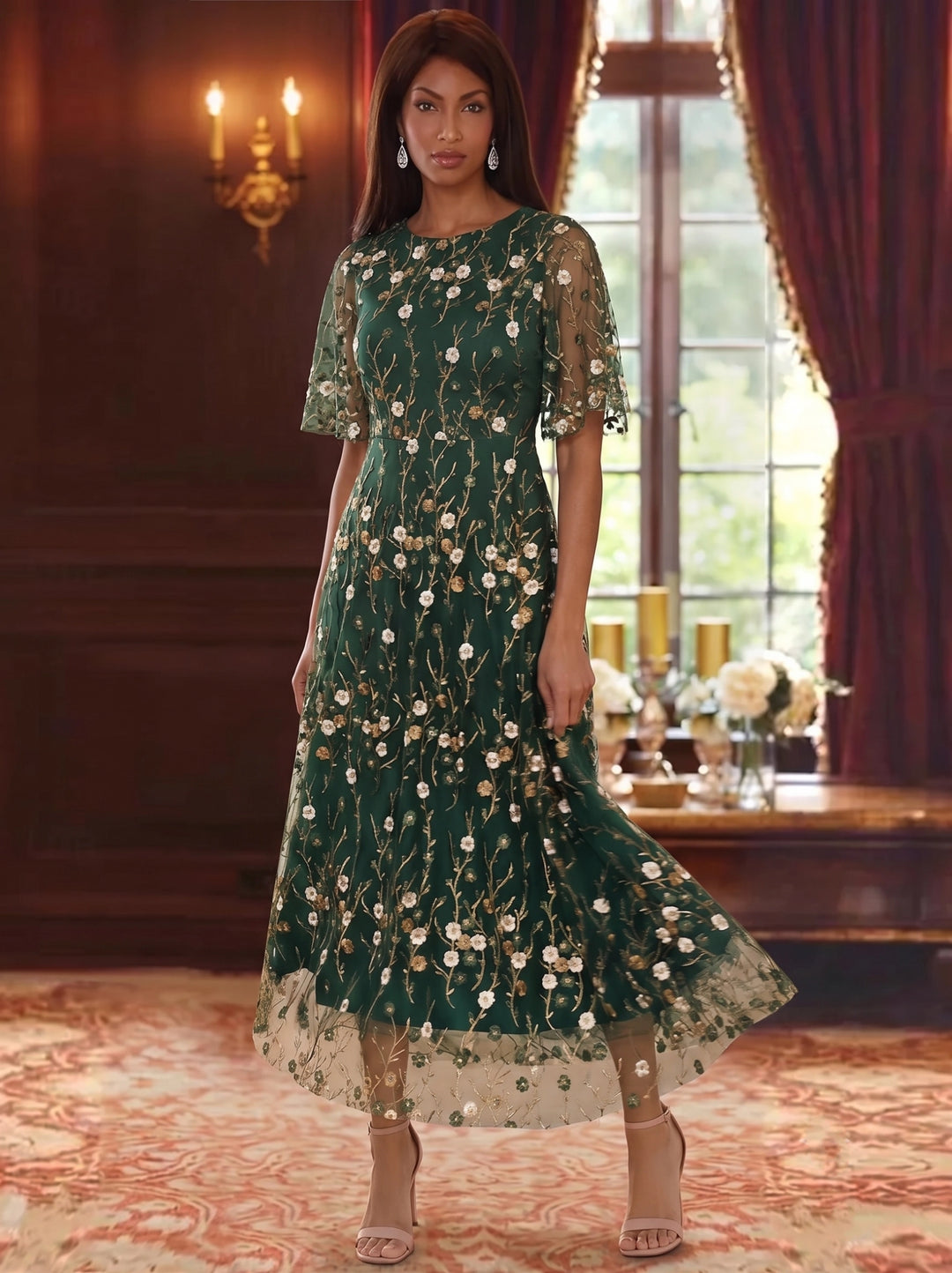 A-Line/Princess Scoop Lace Embroidery Mother of the Bride Dresses Floral Ankle-Length Short Sleeves Black