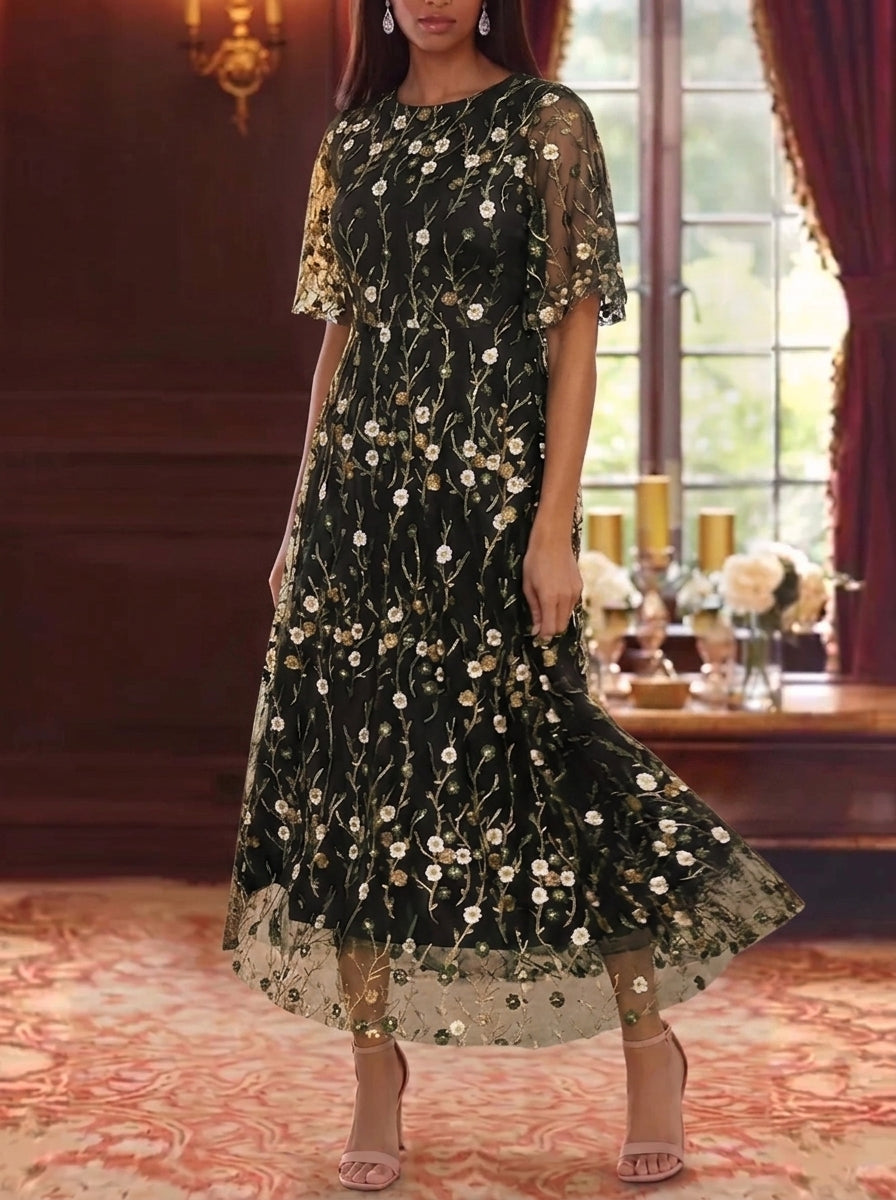 A-Line/Princess Scoop Lace Embroidery Mother of the Bride Dresses Floral Ankle-Length Short Sleeves