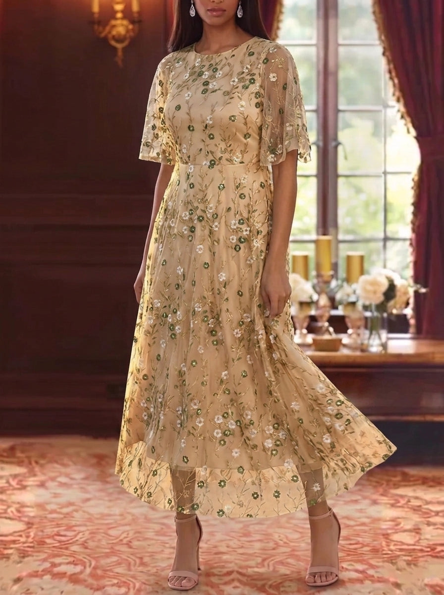 A-Line/Princess Scoop Lace Embroidery Mother of the Bride Dresses Floral Ankle-Length Short Sleeves