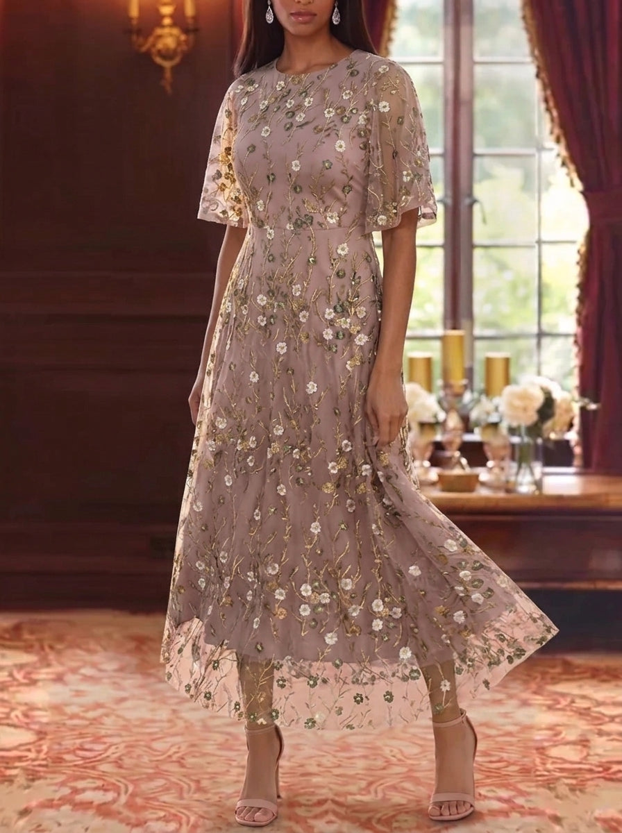 A-Line/Princess Scoop Lace Embroidery Mother of the Bride Dresses Floral Ankle-Length Short Sleeves