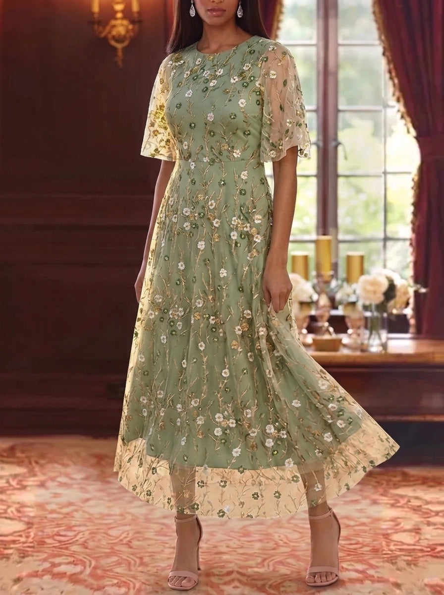 A-Line/Princess Scoop Lace Embroidery Mother of the Bride Dresses Floral Ankle-Length Short Sleeves