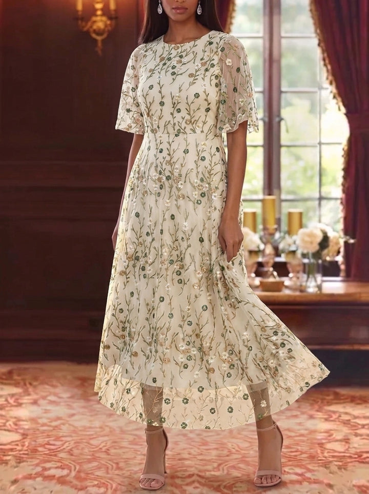 A-Line/Princess Scoop Lace Embroidery Mother of the Bride Dresses Floral Ankle-Length Short Sleeves