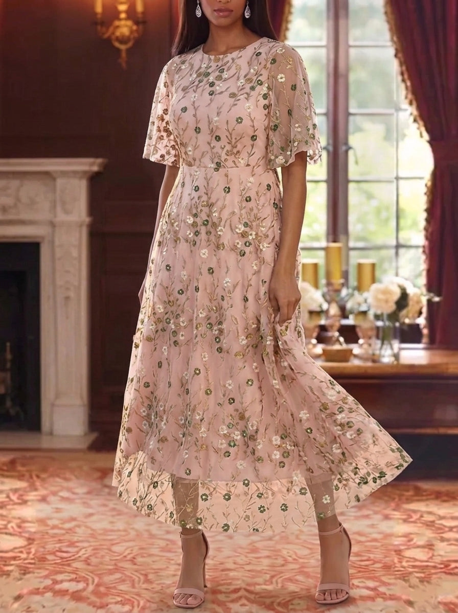 A-Line/Princess Scoop Lace Embroidery Mother of the Bride Dresses Floral Ankle-Length Short Sleeves