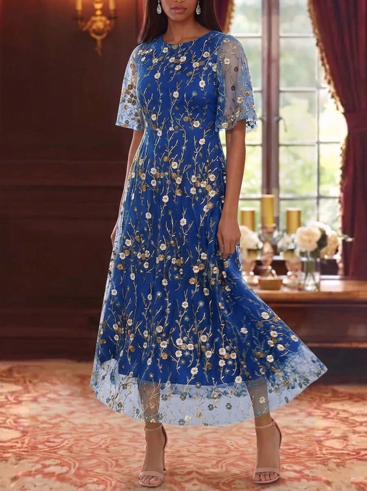 A-Line/Princess Scoop Lace Embroidery Mother of the Bride Dresses Floral Ankle-Length Short Sleeves