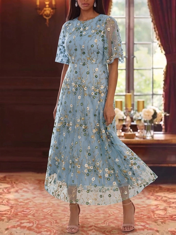 A-Line/Princess Scoop Lace Embroidery Mother of the Bride Dresses Floral Ankle-Length Short Sleeves
