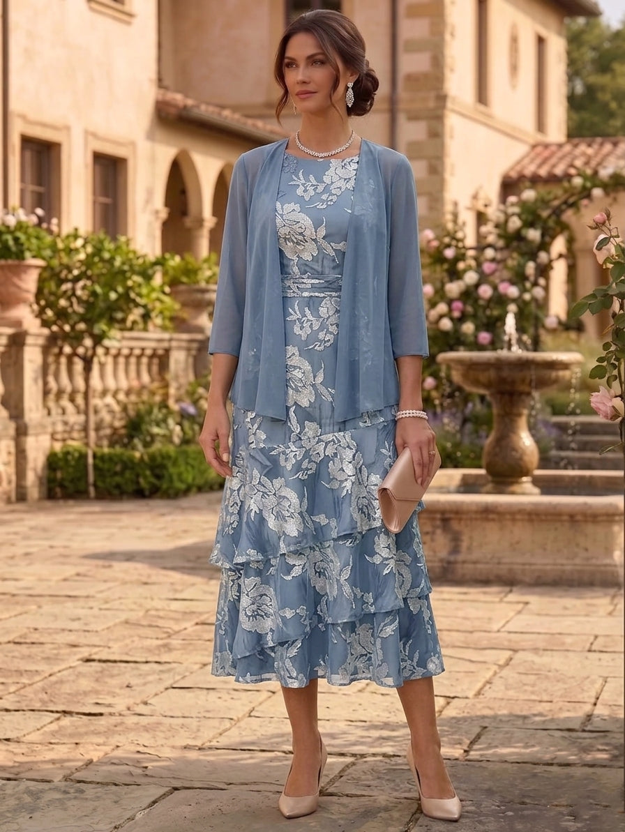 A-Line/Princess Scoop Chiffon Floral Mother of the Bride Dresses with Jacket Tea-Length 3/4 Sleeves Ruffles, Dusty Blue