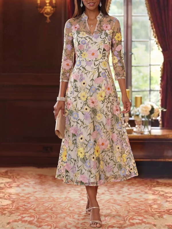 A-Line/Princess V-Neck Lace Embroidery Mother of the Bride Dresses Floral Tea-Length 3/4 Sleeves