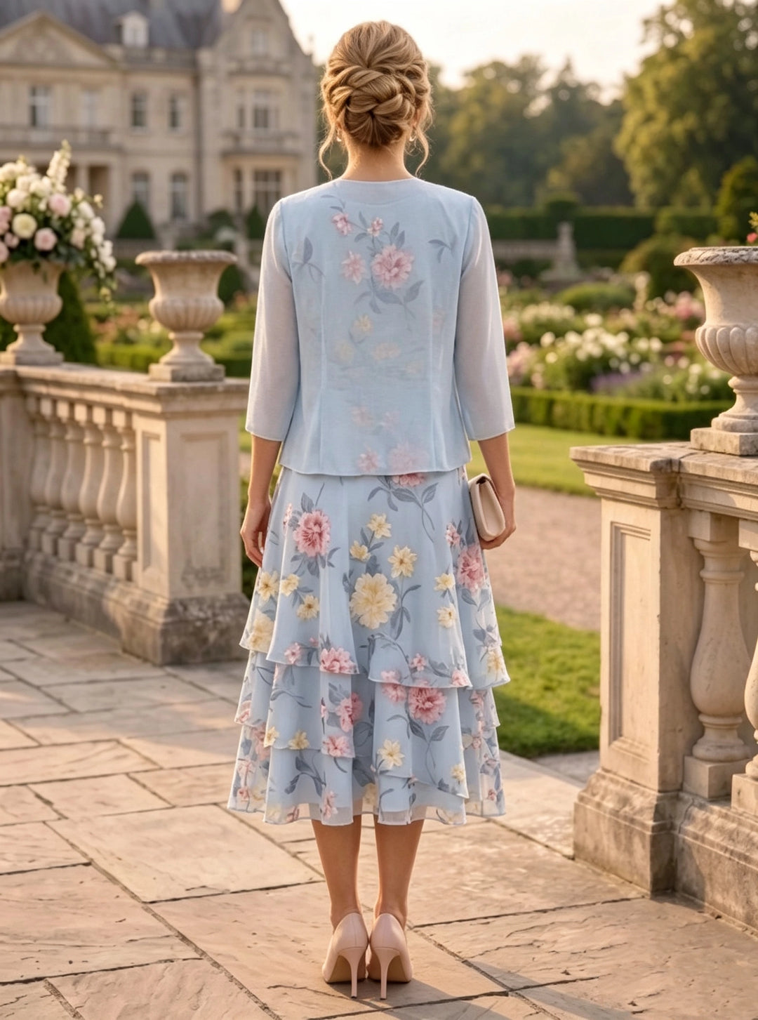 A-Line/Princess Chiffon Mother of the Bride Dresses with Jacket Scoop Floral Ruffles Tea-Length 3/4 Sleeves Red&Yellow