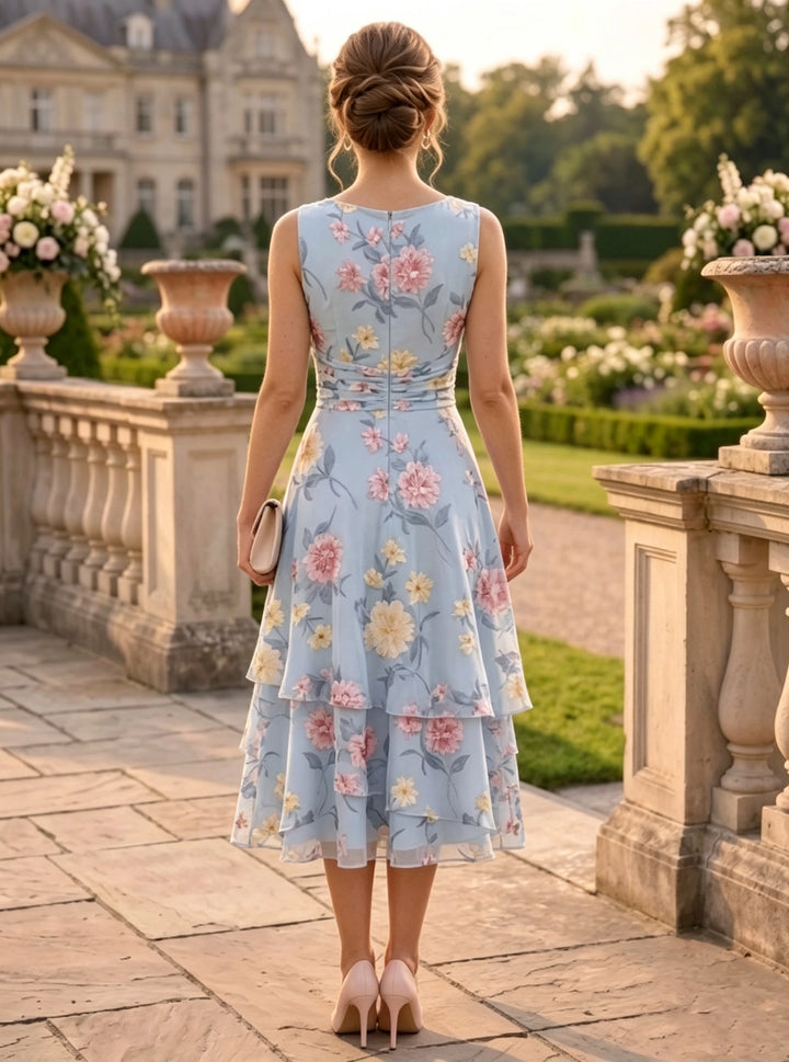 A-Line/Princess Chiffon Mother of the Bride Dresses with Jacket Scoop Floral Ruffles Tea-Length 3/4 Sleeves