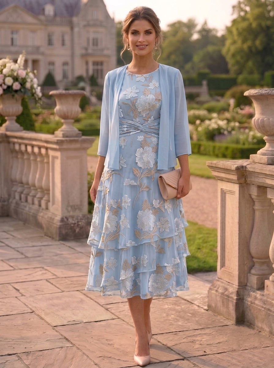 A-Line/Princess Chiffon Mother of the Bride Dresses with Jacket Scoop Floral Ruffles Tea-Length 3/4 Sleeves
