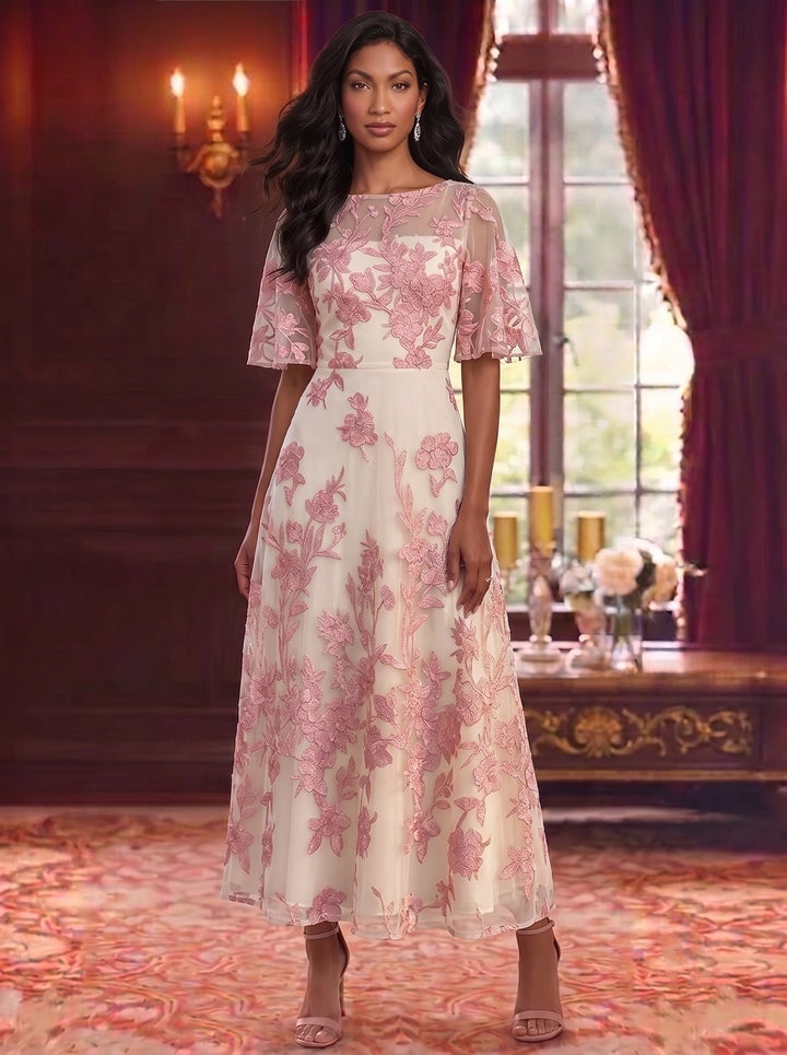 A-Line/Princess Scoop Mother of the Bride Dresses Floral Lace Embroidery Ankle-Length Short Sleeves