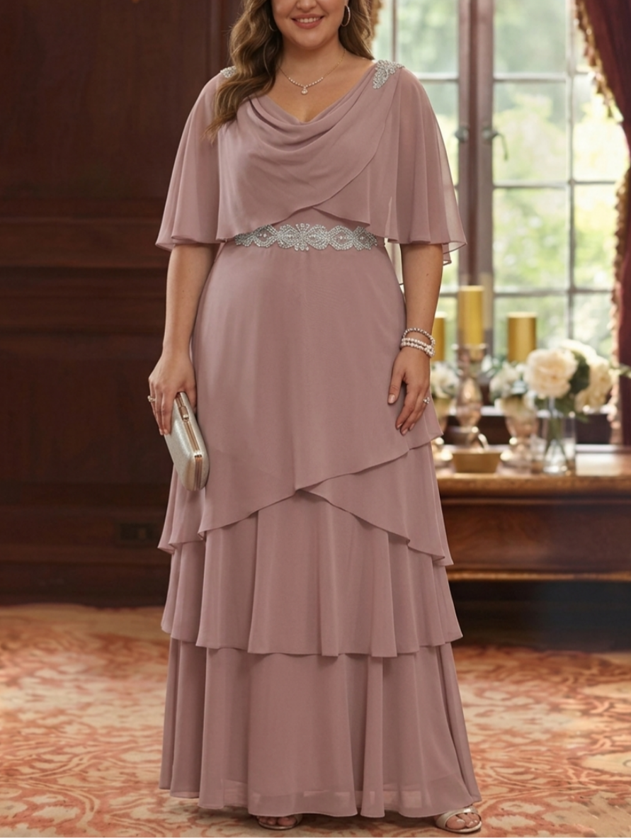 A-Line/Princess Cowl Neck Chiffon Plus Size Mother of the Bride Dresses Floor-Length Ruffles Cape Sleeves Sash