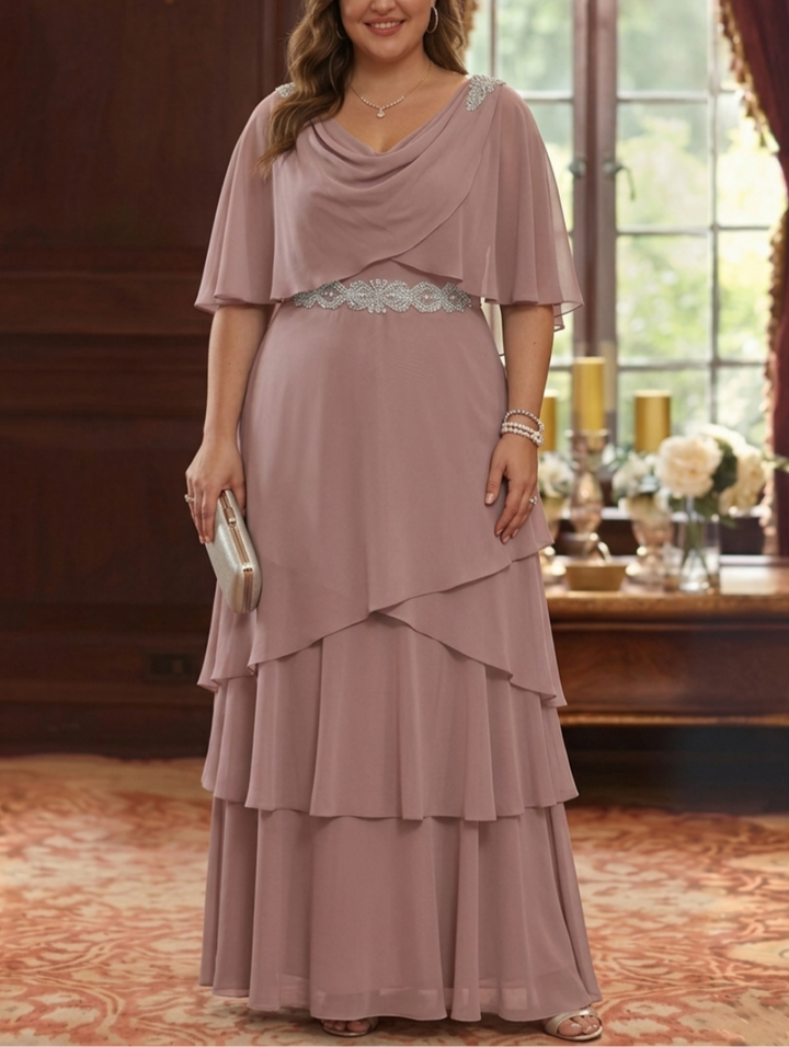 A-Line/Princess Cowl Neck Chiffon Plus Size Mother of the Bride Dresses Floor-Length Ruffles Cape Sleeves Sash