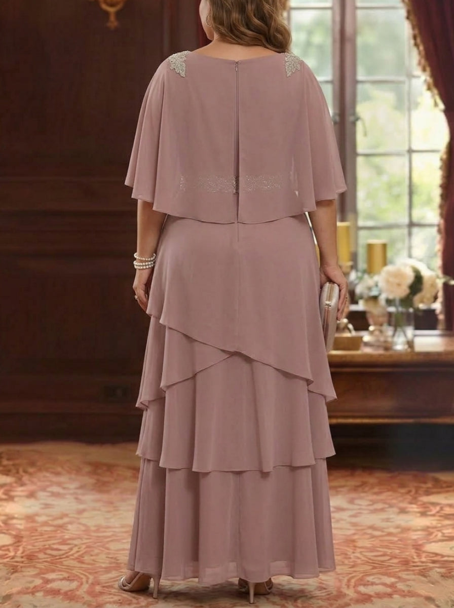 A-Line/Princess Cowl Neck Chiffon Plus Size Mother of the Bride Dresses Floor-Length Ruffles Cape Sleeves Sash