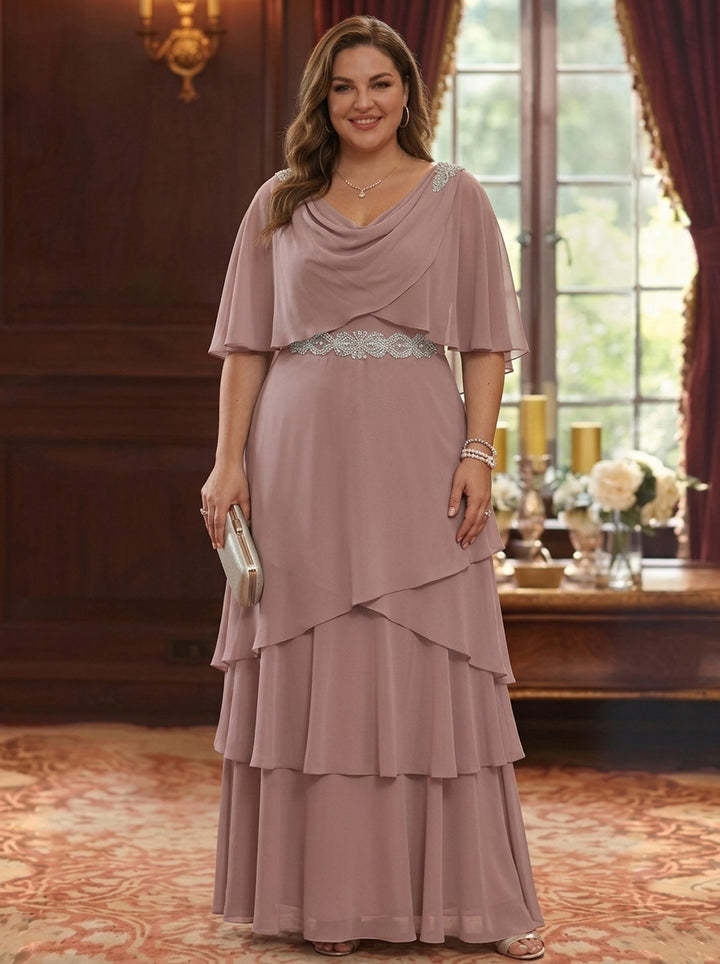 A-Line/Princess Cowl Neck Chiffon Plus Size Mother of the Bride Dresses Floor-Length Ruffles Cape Sleeves Sash
