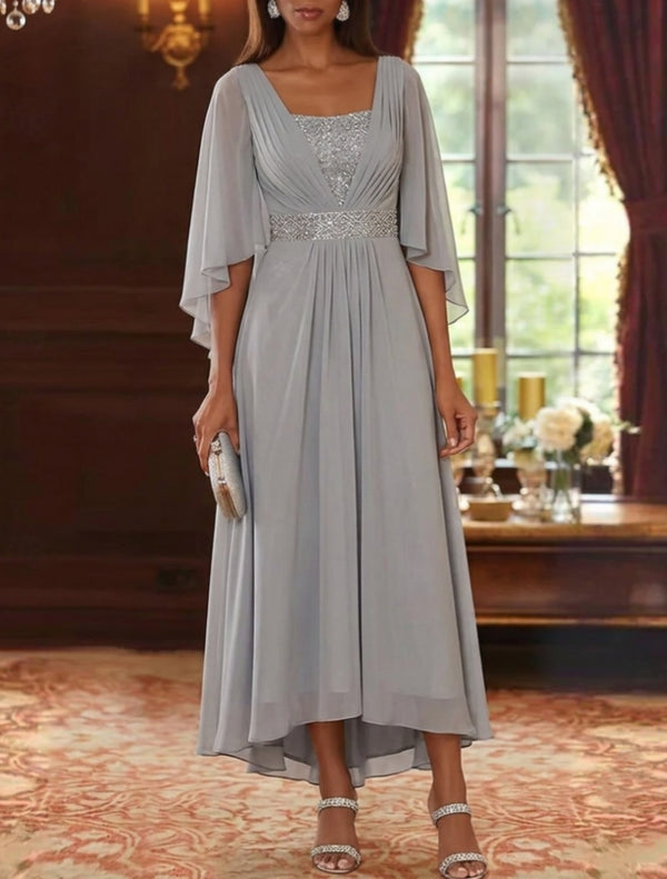 A-Line/Princess Square Collar Chiffon Mother of the Bride Dresses Sequins High-Low Tea-Length 3/4 Sleeves Sash