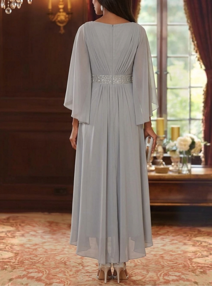 A-Line/Princess Square Collar Chiffon Mother of the Bride Dresses Sequins High-Low Tea-Length 3/4 Sleeves Sash