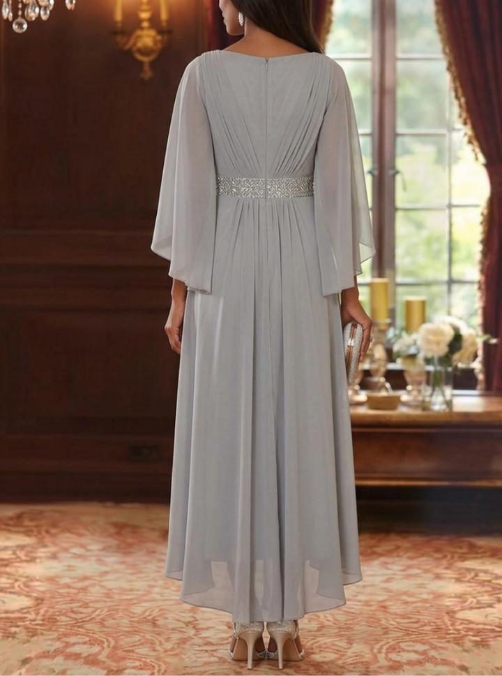 A-Line/Princess Square Collar Chiffon Mother of the Bride Dresses Sequins High-Low Tea-Length 3/4 Sleeves Sash