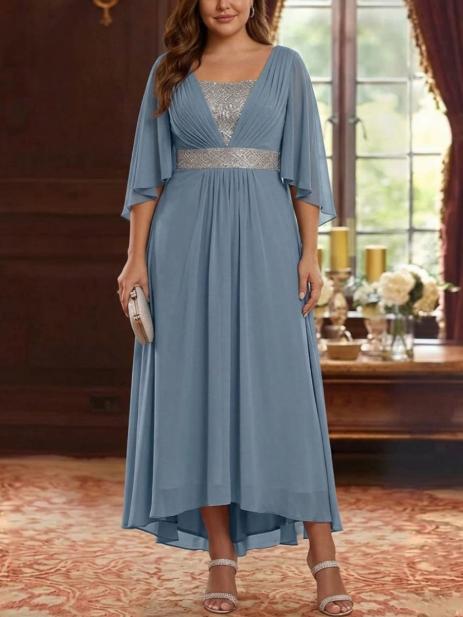 A-Line/Princess Square Collar Chiffon Plus Size Mother of the Bride Dresses Sequins High-Low Tea-Length 3/4 Sleeves Sash