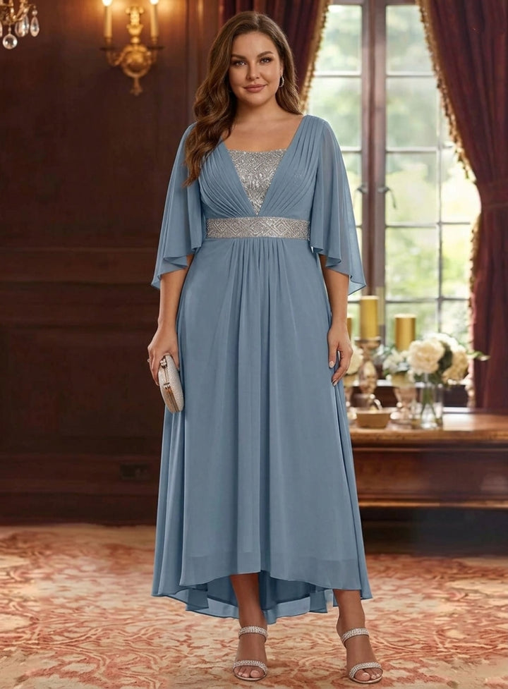 A-Line/Princess Square Collar Chiffon Plus Size Mother of the Bride Dresses Sequins High-Low Tea-Length 3/4 Sleeves Sash