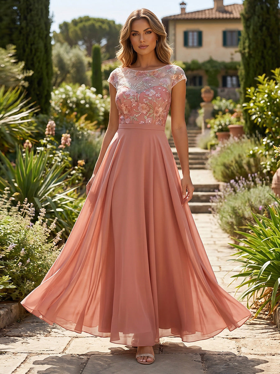 A-Line/Princess Scoop Chiffon Mother of the Bride Dresses Floral Sequins Ankle-Length Cap Sleeves