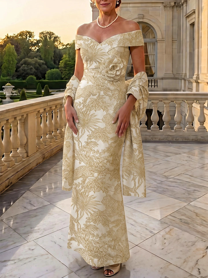 Sheath/Column Off-the-Shoulder Jacquard Mother of the Bride Dresses with Wrap Floral Sleeveless 3D Flower Ankle-Length