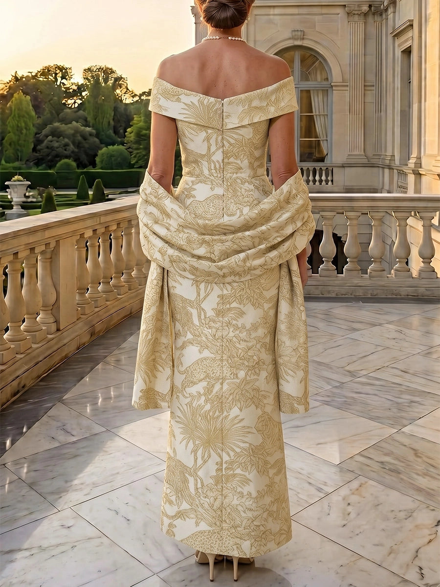 Sheath/Column Off-the-Shoulder Jacquard Mother of the Bride Dresses with Wrap Floral Sleeveless 3D Flower Ankle-Length